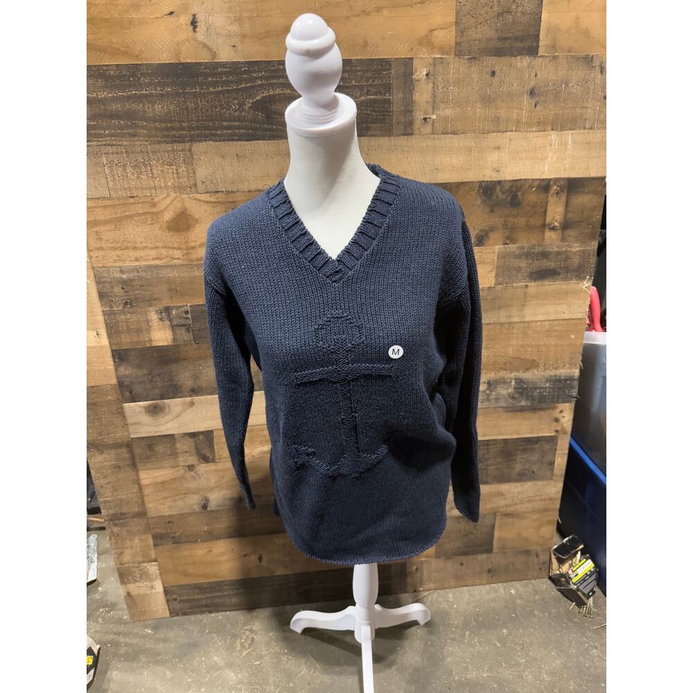Vintage 1980s Flora- Navy Blue- V-Neck Sweater w/Anchor -Size M